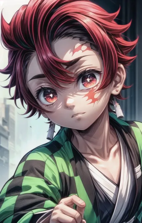 (1 boy:1.4),(male face details:1.4),more details in eyes,cute,looking at viewer, adorabel boy,cute face,details sky,handsome,young,juvenile,((masterpiece:1.4,best quality)),multiple details, eyeshadow,sfw, full shot, green valley,
<lora:Tanjiro:0.7> (TANJIRO), (ORIGINALOUTFIT), (SCAR,SCAR ON FOREHEAD, CHECKERED CLOTHES, 1BOY, RED HAIR),<lora:add_detail:0.2>, green and black clothes, <lora:more_details:0.5>,<lora:眼睛双:0.5>