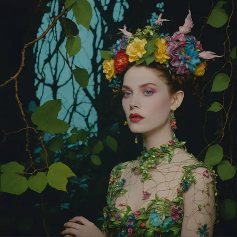 style of James Bidgood, cinematic still, filmed by Guillermo del Toro, Amidst a deep dark forest, an enigmatic being appears--an amalgamation of flora and fauna, with vines for hair, eyes gleaming like embers, and skin adorned with iridescent scales,  <lora:add-detail-xl:1>