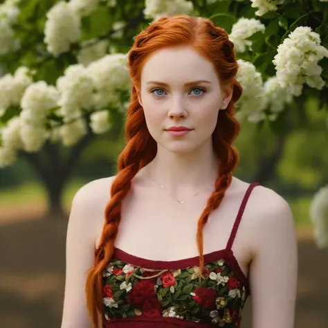 masterpiece, best quality, gorgeous pale american cute girl, smiling, (crop top), red hair loose braided hair, short polca skirt, lean against a tree, field, flowers smiling, perfectly symmetrical face, detailed skin, elegant, alluring, attractive, amazing photograph, masterpiece, best quality, 8K, high quality, photorealistic, realism, art photography, Nikon D850, 16k, sharp focus, masterpiece, breathtaking, atmospheric perspective, diffusion, pore correlation, skin imperfections, DSLR, 80mm Sigma f2, depth of field, intricate natural lighting, looking at camara