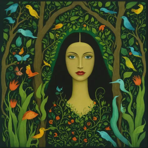 style of Tarsila do Amaral, cinematic still, filmed by Guillermo del Toro, Amidst a deep dark forest, an enigmatic being appears--an amalgamation of flora and fauna, with vines for hair, eyes gleaming like embers, and skin adorned with iridescent scales,  <lora:add-detail-xl:1>