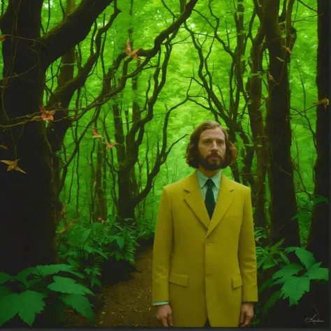 style of Wes Anderson, cinematic still, filmed by Guillermo del Toro, Amidst a deep dark forest, an enigmatic being appears--an amalgamation of flora and fauna, with vines for hair, eyes gleaming like embers, and skin adorned with iridescent scales,  <lora:add-detail-xl:1>