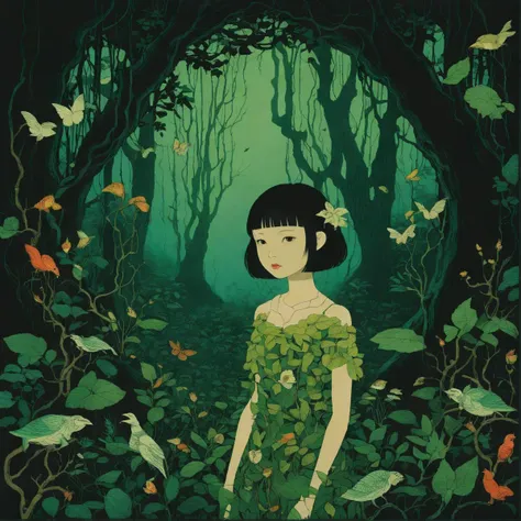 style of Chiho Aoshima, cinematic still, filmed by Guillermo del Toro, Amidst a deep dark forest, an enigmatic being appears--an amalgamation of flora and fauna, with vines for hair, eyes gleaming like embers, and skin adorned with iridescent scales,  <lora:add-detail-xl:1>