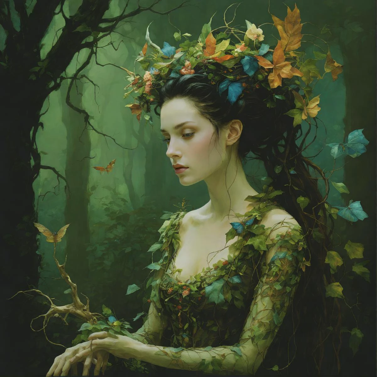style of Anne Bachelier, cinematic still, filmed by Guillermo del Toro, Amidst a deep dark forest, an enigmatic being appears--an amalgamation of flora and fauna, with vines for hair, eyes gleaming like embers, and skin adorned with iridescent scales, <lora:add-detail-xl:1>