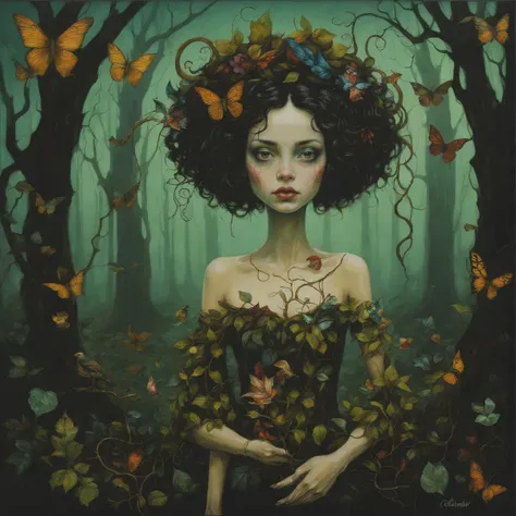 style of Esao Andrews, cinematic still, filmed by Guillermo del Toro, Amidst a deep dark forest, an enigmatic being appears--an amalgamation of flora and fauna, with vines for hair, eyes gleaming like embers, and skin adorned with iridescent scales,  <lora:add-detail-xl:1>