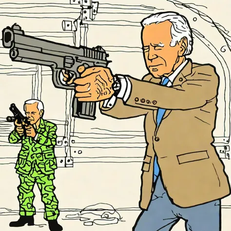 doodle, Joe Biden shooting a gun, gun range, military outfit,   <lora:ezgdrwXLv1:1> ezgdrw style