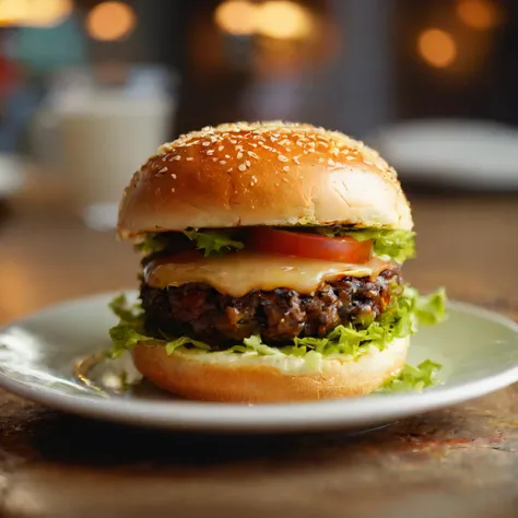 cinematic photo of a jucy hamburger in a plate, 1970's kitchen, 35mm photograph, film, bokeh, professional, 4k, highly detailed,   <lora:xl_more_art-full_v1:1>