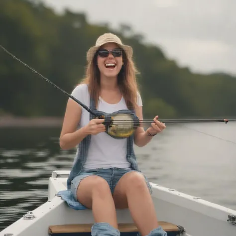 Laughing on a boat while she fishes for bass