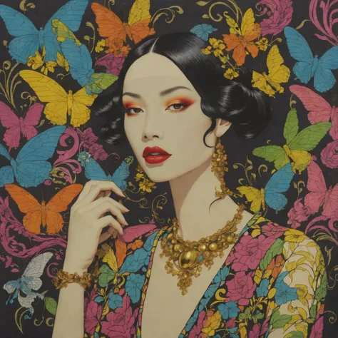 style of Lisa Frank, iridescent, (colorful), by Takato Yamamoto,  (pointed, Harlem Renaissance Art but extremely beautiful:1.4), (intricate details, masterpiece, best quality:1.4) , in the style of nicola samori, High Fashion, dynamic, dramatic, haute couture, elegant, ornate clothing, High Fashion, looking at viewer <lora:add-detail-xl:1>