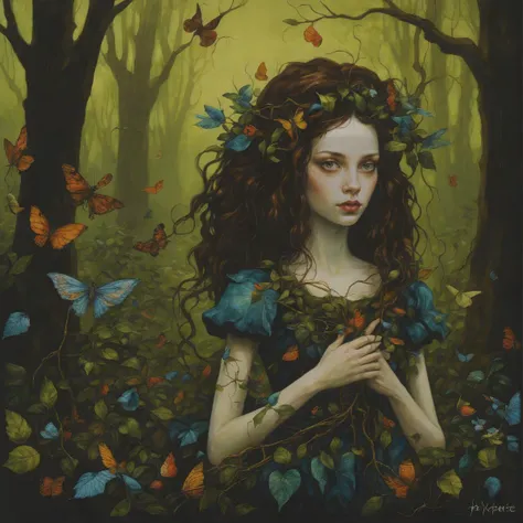 style of Esao Andrews, cinematic still, filmed by Guillermo del Toro, Amidst a deep dark forest, an enigmatic being appears--an amalgamation of flora and fauna, with vines for hair, eyes gleaming like embers, and skin adorned with iridescent scales,  <lora:add-detail-xl:1>