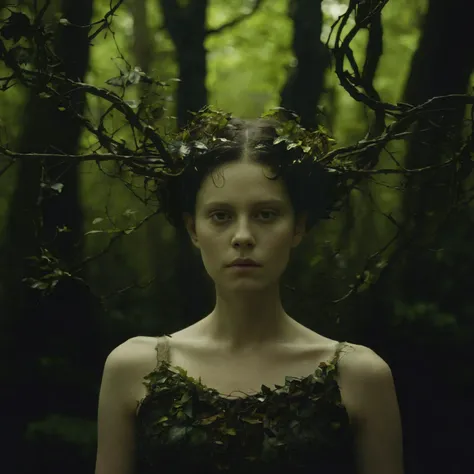 cinematic still, filmed by Guillermo del Toro, Amidst a deep dark forest, an enigmatic being appears--an amalgamation of flora and fauna, with vines for hair, eyes gleaming like embers, and skin adorned with iridescent scales,  <lora:add-detail-xl:1>