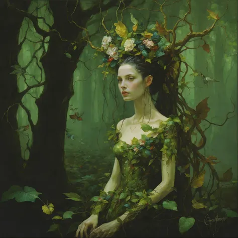 style of Anne Bachelier, cinematic still, filmed by Guillermo del Toro, Amidst a deep dark forest, an enigmatic being appears--an amalgamation of flora and fauna, with vines for hair, eyes gleaming like embers, and skin adorned with iridescent scales,  <lora:add-detail-xl:1>