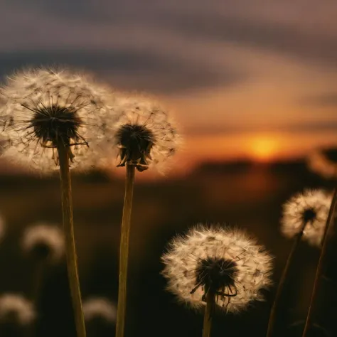 dandelions and a glorious sunset, by photographer Lee Jeffries nikon d850 film stock photograph 4 kodak portra 400 camera f1.6 lens rich colors hyper realistic lifelike texture dramatic lighting unrealengine trending on artstation cinestill 800