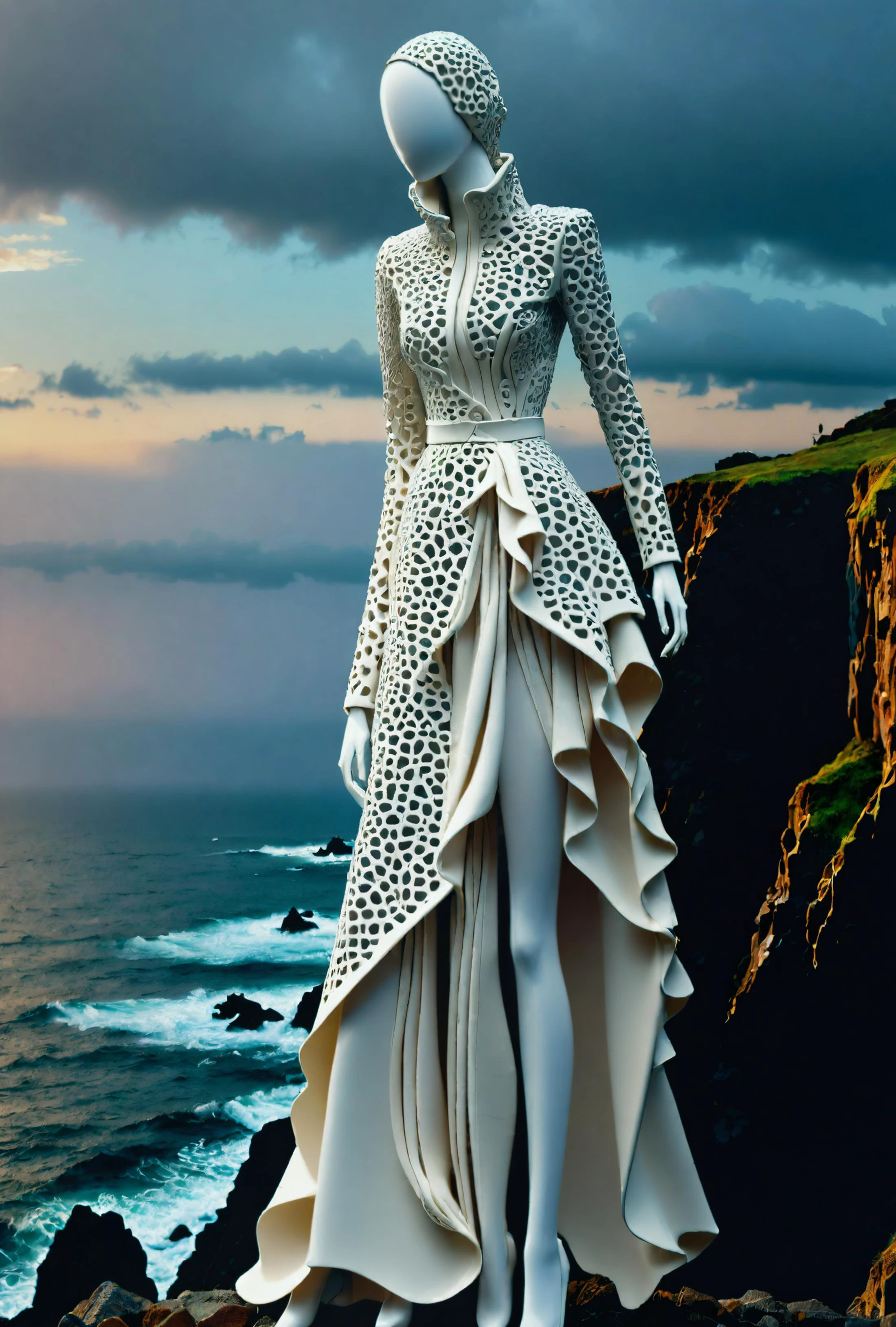 female mannequin standing on the cliff edge before storm sea, very long layered clothes, faceless, no eyes,
<lora:detailed_notrigger:0.5> OverallDetailXL, <lora:Mannequin_Faceless_Egghead:0.3>, Glitch art style, embraces digital errors and glitches, distorted and fragmented imagery, experimental and abstract, challenges traditional notions of perfection and beauty, Ceramic porcelain craft style, utilizes porcelain clay to create delicate and translucent artworks, smooth texture and white color, allows for intricate detailing and precise forms