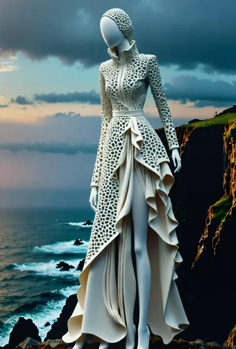 female mannequin standing  on the cliff edge before storm sea, very long layered clothes, faceless, no eyes,
<lora:detailed_notrigger:0.5>  OverallDetailXL, <lora:Mannequin_Faceless_Egghead:0.3>, Glitch art style, embraces digital errors and glitches, distorted and fragmented imagery, experimental and abstract, challenges traditional notions of perfection and beauty, Ceramic porcelain craft style, utilizes porcelain clay to create delicate and translucent artworks, smooth texture and white color, allows for intricate detailing and precise forms