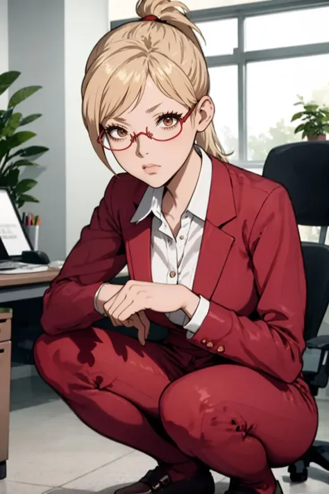 high quality:1.3 , beauty, squatting, <lora:CHAR-KaedeAkiyama:.8> KaedeAkiyama, long hair, ponytail, glasses, KaedeAkiyama, long hair, ponytail, glasses, office lady, red skirt suit, red skirt, sad