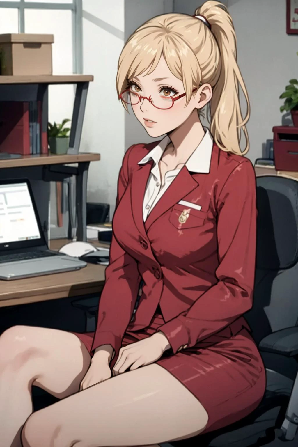 high quality:1.3 , performance, sitting, <lora:CHAR-KaedeAkiyama:.8> KaedeAkiyama, long hair, ponytail, glasses, KaedeAkiyama, long hair, ponytail, glasses, office lady, red skirt suit, red skirt, miserable