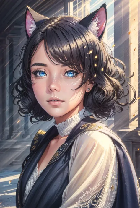 mlmnr style,<lora:СÑÐ¸Ð»Ñ milomanarastyle_v3(mlmnr style):1>, <lora:ÐоÑка-девоÑка из Ñок ÑоÑ(cyan, animal ears, cat ears,tail,blue eyes,black hair,curly hair):0.7>, cyan, animal ears, cat ears,tail,blue eyes,black hair,curly hair, 1girl in full growth, best quality, masterpiece, ultra-detailed, high quality, perfect nose, highly detailed skin, warm skin tone, defiance512, RAW photo, best quality, high resolution, (masterpiece), dreamlike, dreamy, modelshoot style, analog style, tonemapping, photorealistic, professional photography, sharp focus, HDR, 8K resolution, intricate detail, sophisticated detail, hyper detailed, (depth of field), highlight and shadow, volumetric lighting, cinematic bloom, professional light, looking at viewer, blotchy,