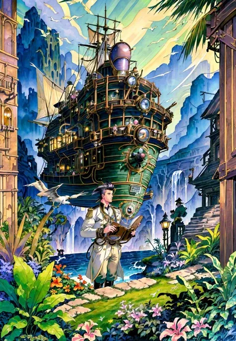 masterpiece of illustration, photorealistic highly detailed professional 8k traditional media image, best hand-drawn quality, volumetric real-time lighting and shadows, Extreme Close-Up Shot, Male Historian, Scientist's Body Shape, Steampunk Airship Captain Attire, Mohawk, Playing an Instrument, Tropical Bird Sanctuaries, (((background full of life filled with vegetation and busy people or animals or pets))) <lora:Milo Manara Style v2.0:1> mlmnr style