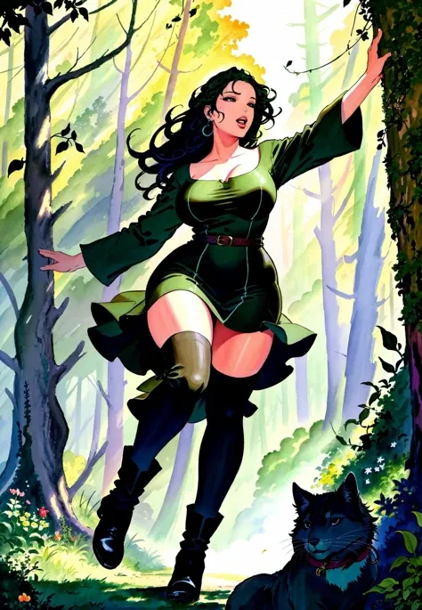 masterpiece of illustration, photorealistic highly detailed professional 8k traditional media image, best hand-drawn quality, volumetric real-time lighting and shadows, Enhanced high contrast and HDR for optimal image quality, **Cinematic Lens Bokeh**: Creates visually pleasing out-of-focus highlights using specialty lenses, Dynamic Follow Shot through a Forest Canopy, Environmental Activist, Voluptuous: Full-bodied with generous curves, creating a sensual and curvaceous appearance, photorealistic skin and hair textures with realistic shades, natural and photorealistic facial expression, realistic and expressive lips, highly defined clothing and skin folds, Denim Overall Dress with a Long-Sleeve Top and Ankle Boots, Fire and Ice Split Hair, sensual dynamic slow motion capture Jumping with Joy: Capturing a moment of joy and excitement mid-jump, stunning creative and insane Graffiti Walls background, (((background full of life filled with vegetation and busy people or animals or pets))) <lora:Milo Manara Style v2.0:1> mlmnr style