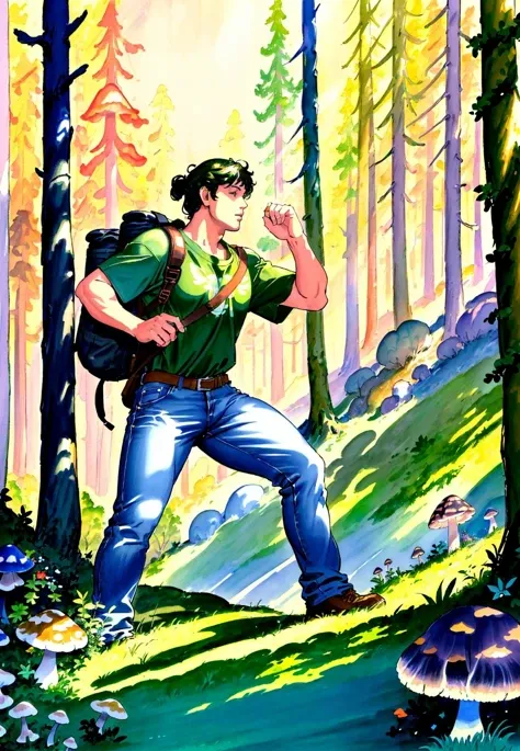 masterpiece of illustration, photorealistic highly detailed professional 8k traditional media image, best hand-drawn quality, volumetric real-time lighting and shadows, Panning Shot, Male Soldier, Endomorph Body Shape, Casual Jeans and T-Shirt, Wavy Hairstyle, Hiking or Backpacking Pose, Mystical Glowing Mushrooms in Forests, (((background full of life filled with vegetation and busy people or animals or pets))) <lora:Milo Manara Style v2.0:1> mlmnr style