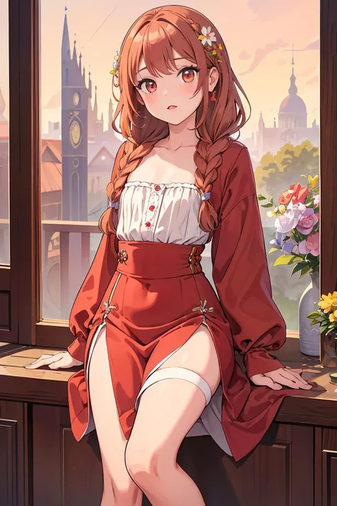 (masterpiece, best quality), 1girl,  Mahogany Dutch Fishtail Braid with Flower Accents, flat chest,   <lora:Milo Manara Style v2.0:1> mlmnr style