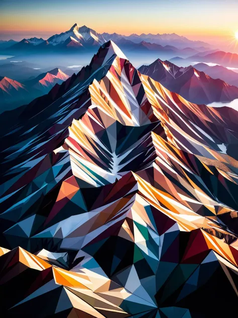 An aerial view of a ral-polygon mountain range during sunrise, the facets of the mountains catching the light and creating a spectrum of hues across the rugged landscape <lora:ral-polygon-sdxl:1> <lora:EnvyBetterHiresFixXL01:0:hr=1>.