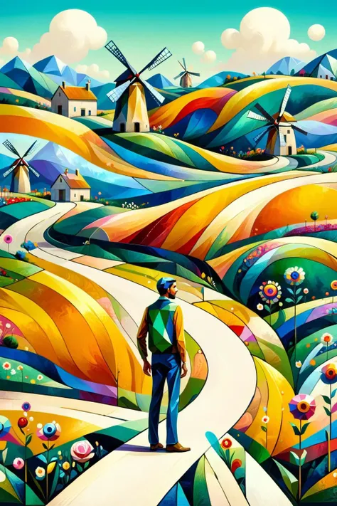 ral-colorswirl,<lora:ral-colorswirl-sdxl:1>,ral-polygon,<lora:ral-polygon:0.6>,
Golden fields,windmills,winding paths,a man standing on the road overlooking,flowers,green,white,