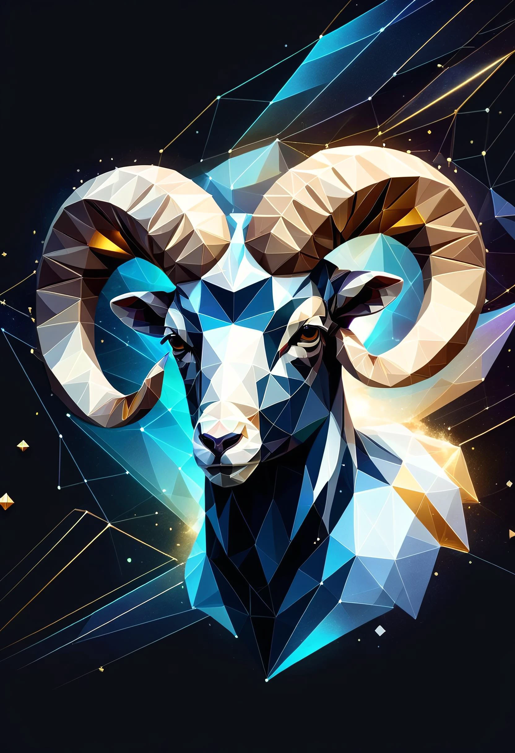 hologram of Aries, depiction of the Ram constellation, vibrant white and gold hues, gentle lighting <lora:ral-polygon-sdxl:0.8> ral-polygon floating in space, a vibrant digital illustration, dribbble, quantum wavetracing, black background, behance hd