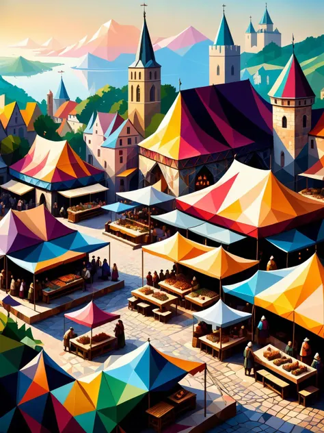 A bustling medieval market square, where each villager, tent, and cobblestone is rendered in vivid ral-polygon art, creating a vibrant tapestry of old-world charm and digital abstraction <lora:ral-polygon-sdxl:1> <lora:EnvyBetterHiresFixXL01:0:hr=1>.