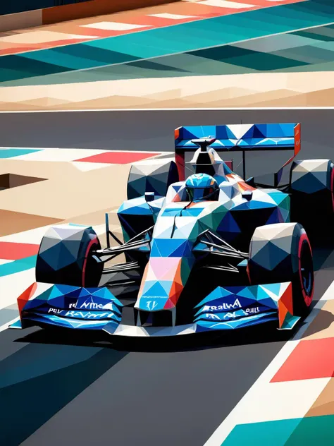 A ral-polygon F1 race car racing down the straight during a race <lora:ral-polygon-sdxl:1> <lora:EnvyBetterHiresFixXL01:0:hr=1>.