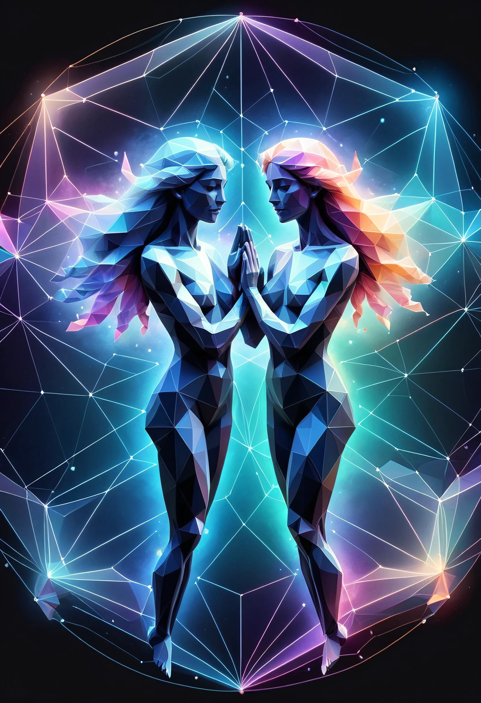 hologram of Gemini, depiction of the Twins constellation, ethereal figures intertwining gracefully, soft pastel colors blending seamlessly <lora:ral-polygon-sdxl:0.8> ral-polygon floating in space, a vibrant digital illustration, dribbble, quantum wavetracing, black background, behance hd