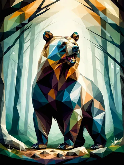 A ral-polygon bear stood impressive and dominate in the woodland  <lora:ral-polygon-sdxl:1> <lora:EnvyBetterHiresFixXL01:0:hr=1>