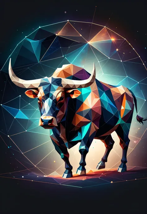 hologram of Taurus, depiction of the Bull constellation, rich earthy tones and textures, gentle lighting emphasizing stability <lora:ral-polygon-sdxl:0.8> ral-polygon floating in space, a vibrant digital illustration, dribbble, quantum wavetracing, black background, behance hd