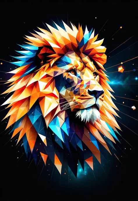 hologram of Leo, depiction of the Lion constellation, majestic and regal, golden tones with bursts of vibrant orange, dramatic grandeur <lora:ral-polygon-sdxl:0.8> ral-polygon floating in space, a vibrant digital illustration, dribbble, quantum wavetracing, black background, behance hd