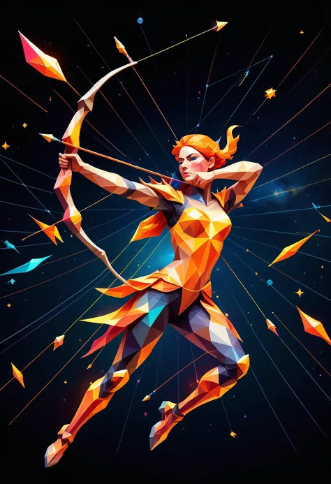 hologram of Sagittarius, depiction of the Archer constellation, vibrant colors of fiery orange and yellow, shooting stars streaking across the sky <lora:ral-polygon-sdxl:0.8> ral-polygon floating in space, a vibrant digital illustration, dribbble, quantum wavetracing, black background, behance hd