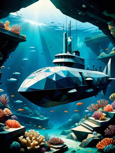 A deep-sea adventure where a ral-polygon submarine explores an ancient sunken city, its geometrical shape contrasting with the flowing lines of marine life and coral formations <lora:ral-polygon-sdxl:1> <lora:EnvyBetterHiresFixXL01:0:hr=1>.