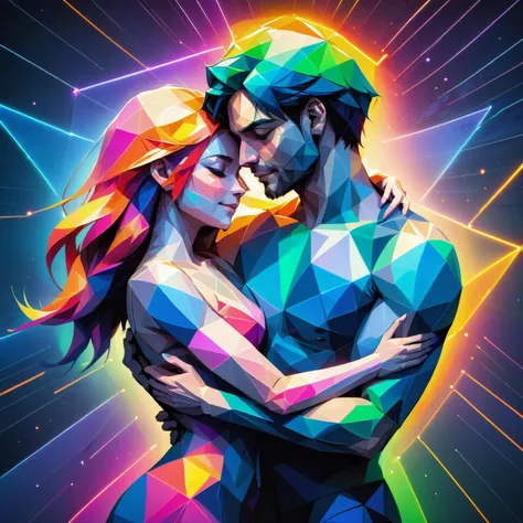 woman and man embracing, eyes closed, smile <lora:ral-polygon:1> ral-polygon, outline glow in neon colors, (masterpiece:1.2), best quality, (hyperdetailed, highest detailed:1.2), high resolution textures, <lora:EnvyBetterHiresFixXL01:1>