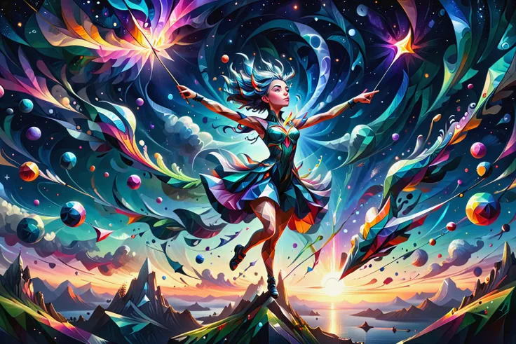 [Beautiful elf princess wearing amazing colorful silk robes:abstract background:0.9], explosive pose, expressionism, digital art, colorful background, absurdist, highly detailed, (brush strokes:1.1), (acrylic paint:1.1), pointilism, muted colors, by satoshi kon, by alphonse mucha, by raphael,