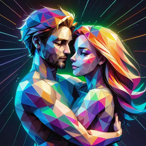 woman and man embracing, eye closed, smile <lora:ral-polygon:1> ral-polygon, outline glow in neon colors, (masterpiece:1.2), best quality, (hyperdetailed, highest detailed:1.2), high resolution textures, <lora:EnvyBetterHiresFixXL01:1>