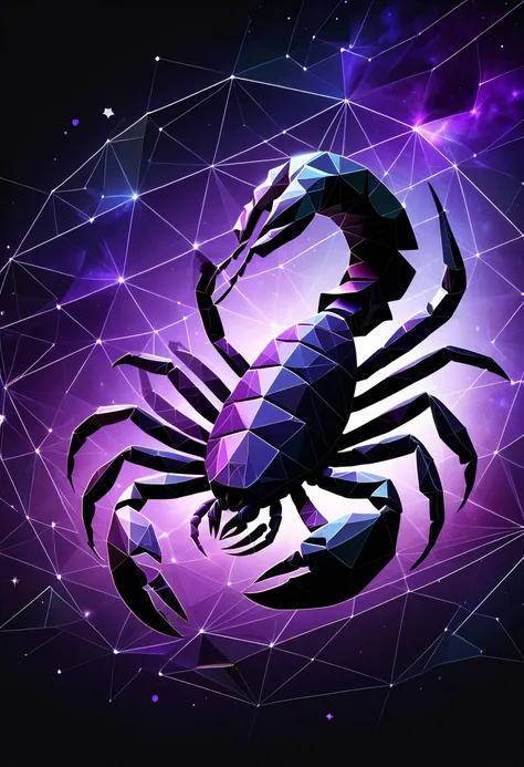 hologram of Scorpio, depiction of the Scorpion constellation, deep and mysterious shadows in shades of black and purple, flickering stars <lora:ral-polygon-sdxl:0.8> ral-polygon floating in space, a vibrant digital illustration, dribbble, quantum wavetracing, black background, behance hd