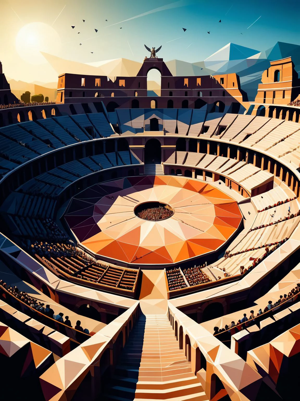 A gladiator arena from ancient Rome, where the combatants, spectators, and the coliseum itself are illustrated with the sharp lines and facets of ral-polygon, giving the scene a timeless and surreal appearance <lora:ral-polygon-sdxl:1> <lora:EnvyBetterHiresFixXL01:0:hr=1>.