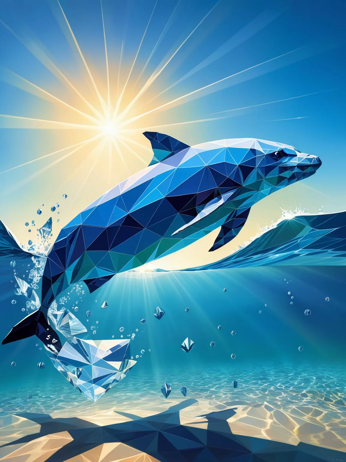A ral-polygon doplhin leaping out the crystal clear waters under a stunning blue sky and bright sunshine <lora:ral-polygon-sdxl:1> <lora:EnvyBetterHiresFixXL01:0:hr=1>