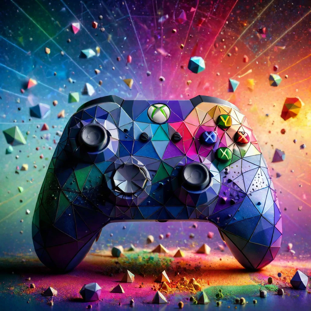 a photo shot of a xbox controller,ral-polygon,rainbow colored dust in the background,masterpiece,high quality,<lora:ral-polygon-sdxl:1>,<lora:add-detail-xl:0.8>,