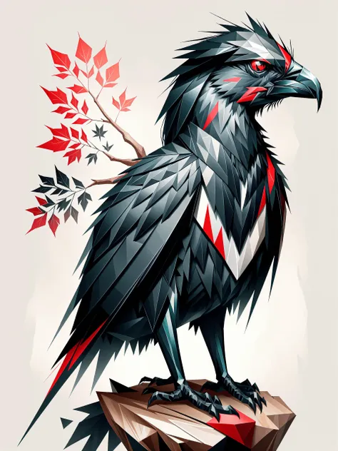 red-black crow,sits on a tree branch,made of ral-polygon,<lora:ral-polygon-sd15:0.8>,gloomy,detailed,