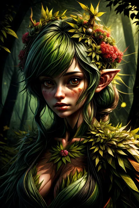 (1 girl),(fractal art:1.3),colorful,beautiful dryad in the forest ,volumetric lighting,photorealistic <lora:more_details:1> <lora:ral-polygon-sd15:0.8> ral-polygon