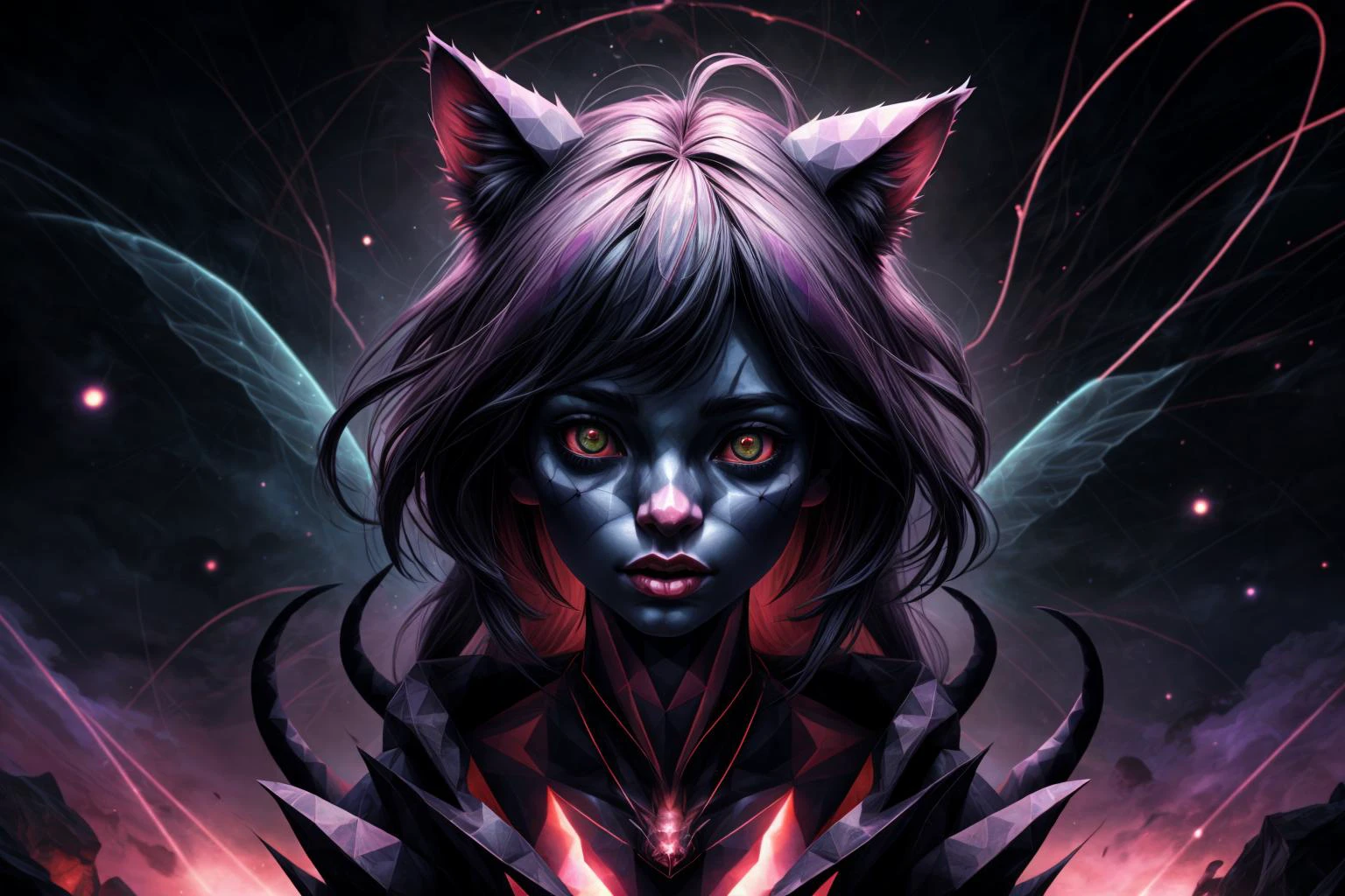 giant celestial catgirl, ethereal energy, colourful ,eldritch horror ,volumetric lighting,photorealistic <lora:more_details:0.8> <lora:ral-polygon-sd15:0.8> ral-polygon