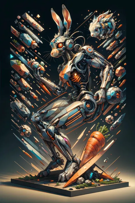 (masterpiece, best quality, hyper detailed), miniature, ral-polygon, rabbit, cute, half cyborg, carrot, cyberpunk, fullbody, tesseract, low gravity,<lora:FX\technique\ral-polygon-sd15.safetensors:1.0:1.0>
