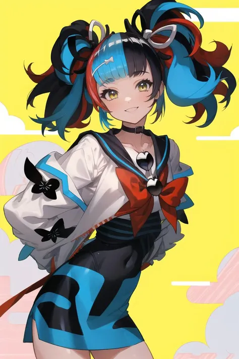 masterpiece, best quality, CG, wallpaper, HDR, high quality, high-definition, extremely detailed, sei, vibrant colors, colorful, sailor collar, smile, looking at viewer, cowboy shot, hands behind back,