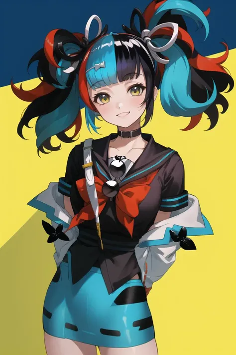 masterpiece, best quality, CG, wallpaper, HDR, high quality, high-definition, extremely detailed, sei, vibrant colors, colorful, sailor collar, smile, looking at viewer, cowboy shot, hands behind back,