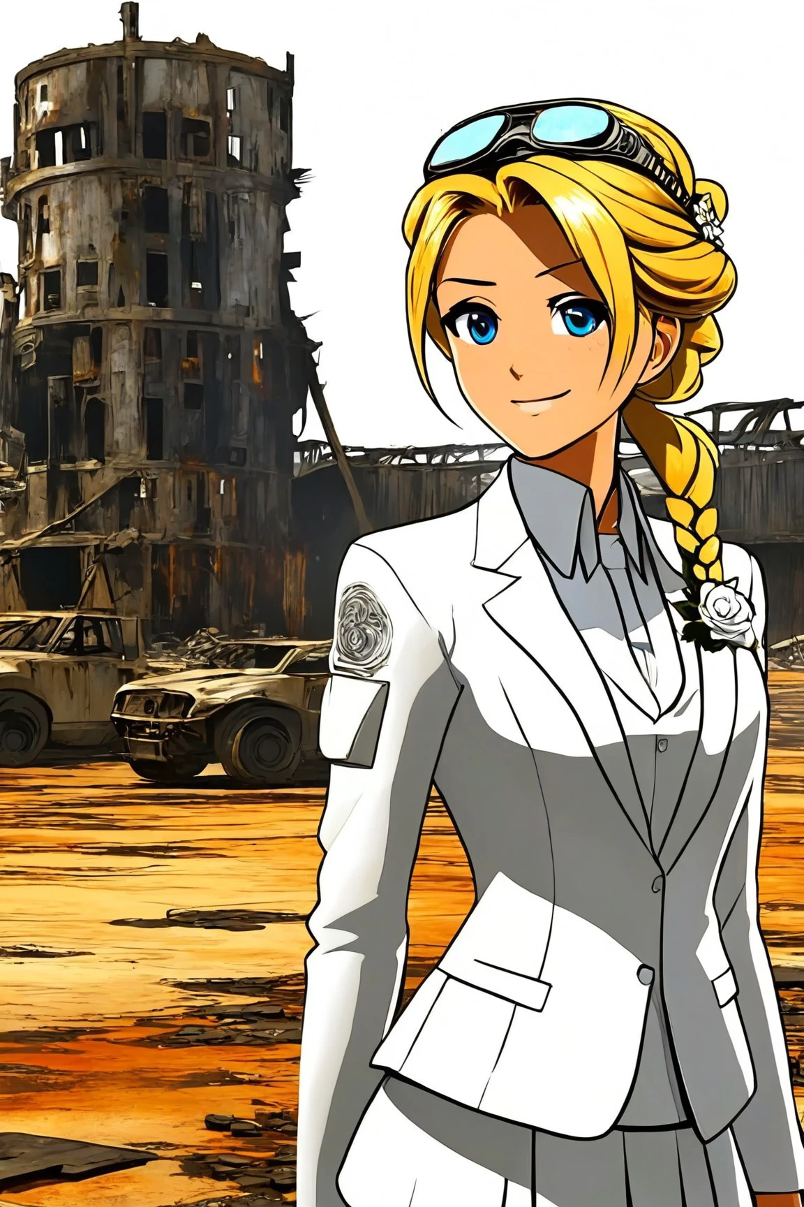 edgCosette,braid,white suit with flower, skirt, blonde hair, standing close up, young, makeup, smiling,
beautiful face, masterpiece, highres, anime, cartoon, animation,
Post-apocalyptic wasteland and rusted structures,
<lora:edgCosettePony:1.2>